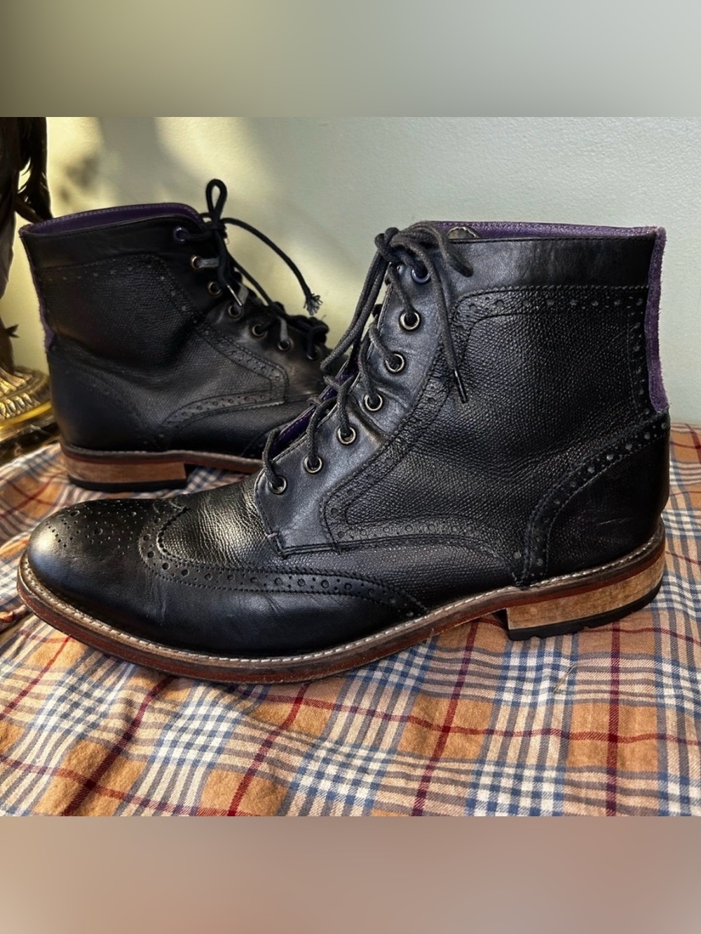 Ted Baker Sealls 3 Black & Purple Accent Leather Wing-tip Brogue Boots